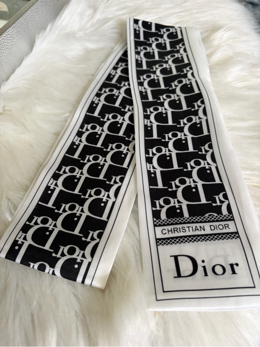 Dior Black & White Logo Silk Twilly Scarf